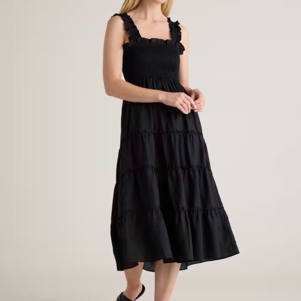 Quince Black Linen Smocked Maxi Dress